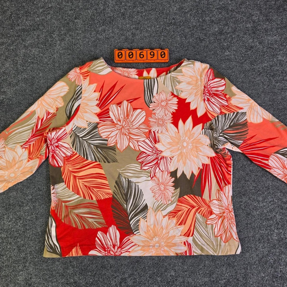 Ruby Rd. Petite 3/4 sleeve top with red, beige, and white floral and leaf print.